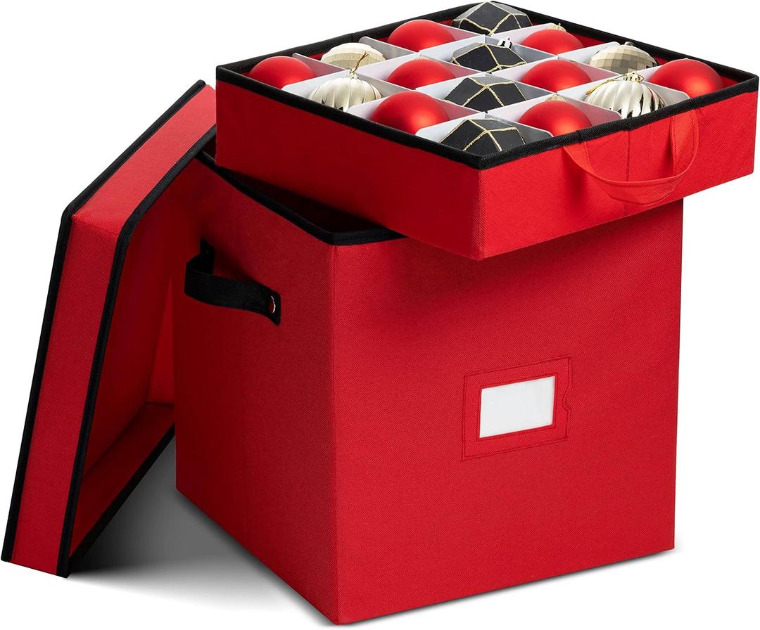 2 x Zober Christmas Ornament Storage Box - Stores 64 Ornaments - Non-Woven, Tear- Proof Christmas Ornament Storage Containers - 3 Inch Cube Compartments - Red