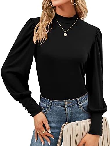 Qirno Womens Mock Neck Puff Long Sleeve Tops Casual Loose Solid Basic T Shirt Button Cuffs Pullovers Shirts Blouse M