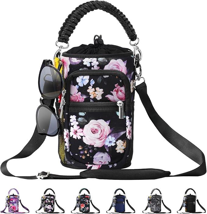 40z Water Bottle Carrier Bag, Neoprene Water Bottle Sleeve with 4 Pocket, Sport Water Holder with Paracord Handle and Shoulder Strap for Walking Hiking Camping Gym (04.Black Flower)