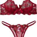Sexy Floral Embroidered Flower Mesh Underwire Push Up Lingerie Set (Medium, Bow Wine Red)