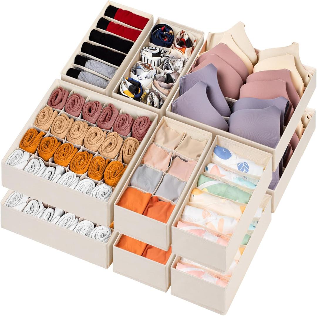 12 Pack Baby Clothes Organizer for Nursery, 116 Cells Fabric Foldable Dresser Closet Organizers and Storage Bins for Clothing, Women Men Underwear Socks, Bra, Ties, Scarf, Belt, Hair Accessories (Beige)