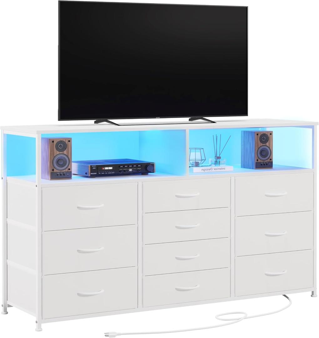 Unionly 55W 10-Drawers Dresser with 2 Open Storage Shelves, TV Stand Dresser for 55,65 inch TVwith Power Outlets and LED Lights, Fabric Dressers Drawers for Bedroom, Living Room (White), 11.8"D x 55.1"W x 35.4"H
