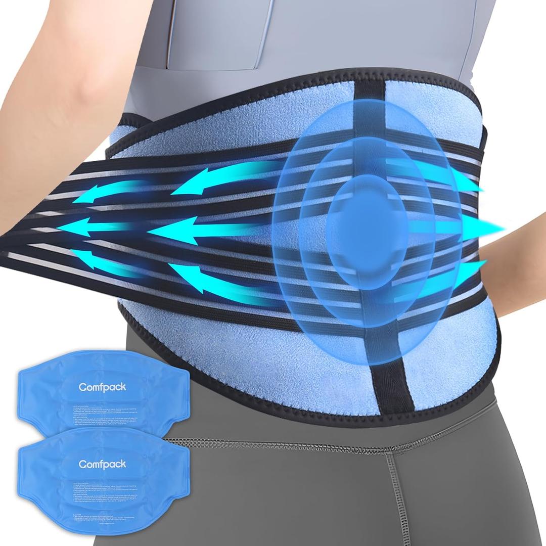 Ice Pack for Back Pain Relief with Compression, 2 Packs Reusable Lower Back Wrap Ice Brace Hot Cold Therapy for Sciatic Injuries, Tailbone Pain, Lumbar Surgery, Coccyx, Herniated Disc (Blue)