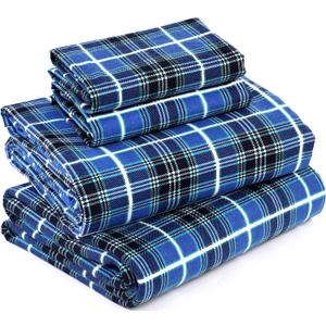 RUVANTI Flannel Sheets Full Size - 100% Cotton Double Brushed Bed Sheets Set, Deep Pockets 16 Inches, All Seasons Breathable & Extra Soft Full Sheets, Warm & Cozy, 4 Piece, Blue Plaid