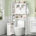 ELYKEN Over The Toilet Storage Cabinet with Acrylic Doors & Pulley, White | Pull-Out Cabinet, Toilet Paper Holder, Side Hooks, Adjustable Shelf, Anti-Tipping, Space-Saving Bathroom Storage Cabinet