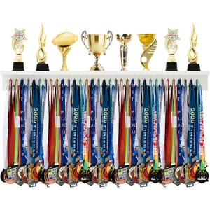 Wooden Medal Hanger Display Trophy Holder Shelf with 25/37/49/65/83 Hooks Wall Mount Ribbon Holder Gift for Gymnastics Running Soccer Awards (4ft/47inch)