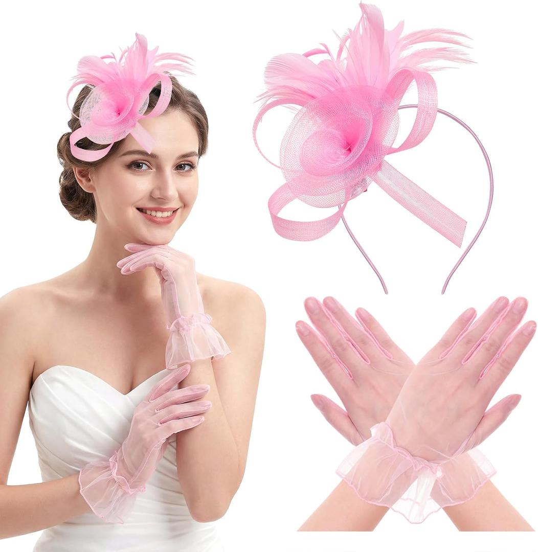 Fumwase 2Pcs 50s Fascinators Hats with Gloves for Adult Women Tea Party Hat Headband for Wedding Cocktail Party (Pink)