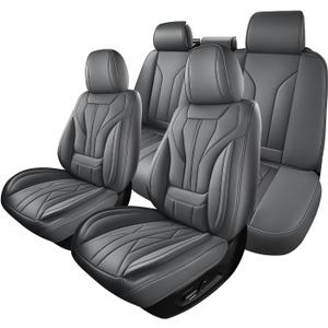 HChengkikz Car Seat Covers Full Set, Full-Wrap Faux Leather (Gray) | Universal Fit for SUV Truck Pickup Sedan, Waterproof with Memory Foam Lumbar Support, Airbag Compatible