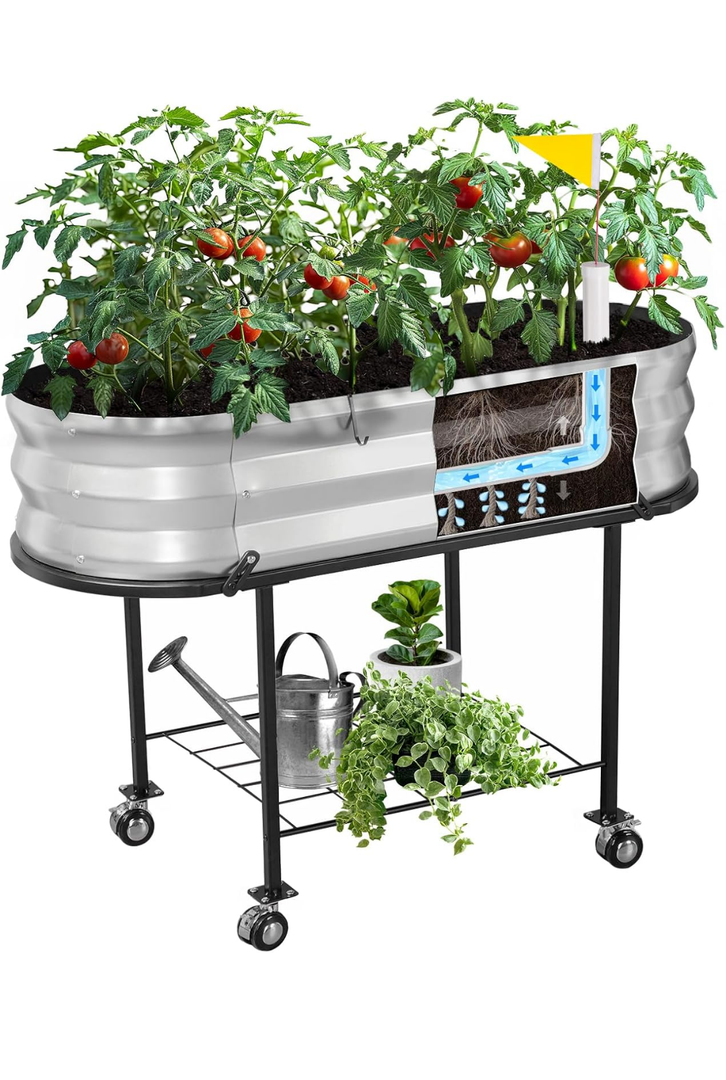 Raised Garden Bed with Legs and Wheels, Self-Watering Planter Box, Wicking Bed, Galvanized Metal Elevated Raised Bed Cart with Drainage Hole and Liner for Indoor Outdoor Gardening