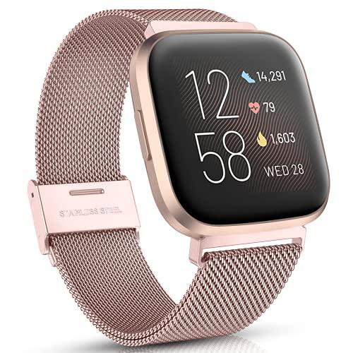 Maledan Metal Bands Compatible with Fitbit Versa 2 Band for Women Men, Adjustable Stainless Steel Mesh Loop Bracelet Wristbands for Fitbit Versa 2/Versa/Versa Lite SE, Rose Gold