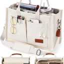 FIORETTO Canvas Tote Bag for Women with Zipper Closure & Individual Compartments for Work College for Teacher & Nurse (Medium, Beige)