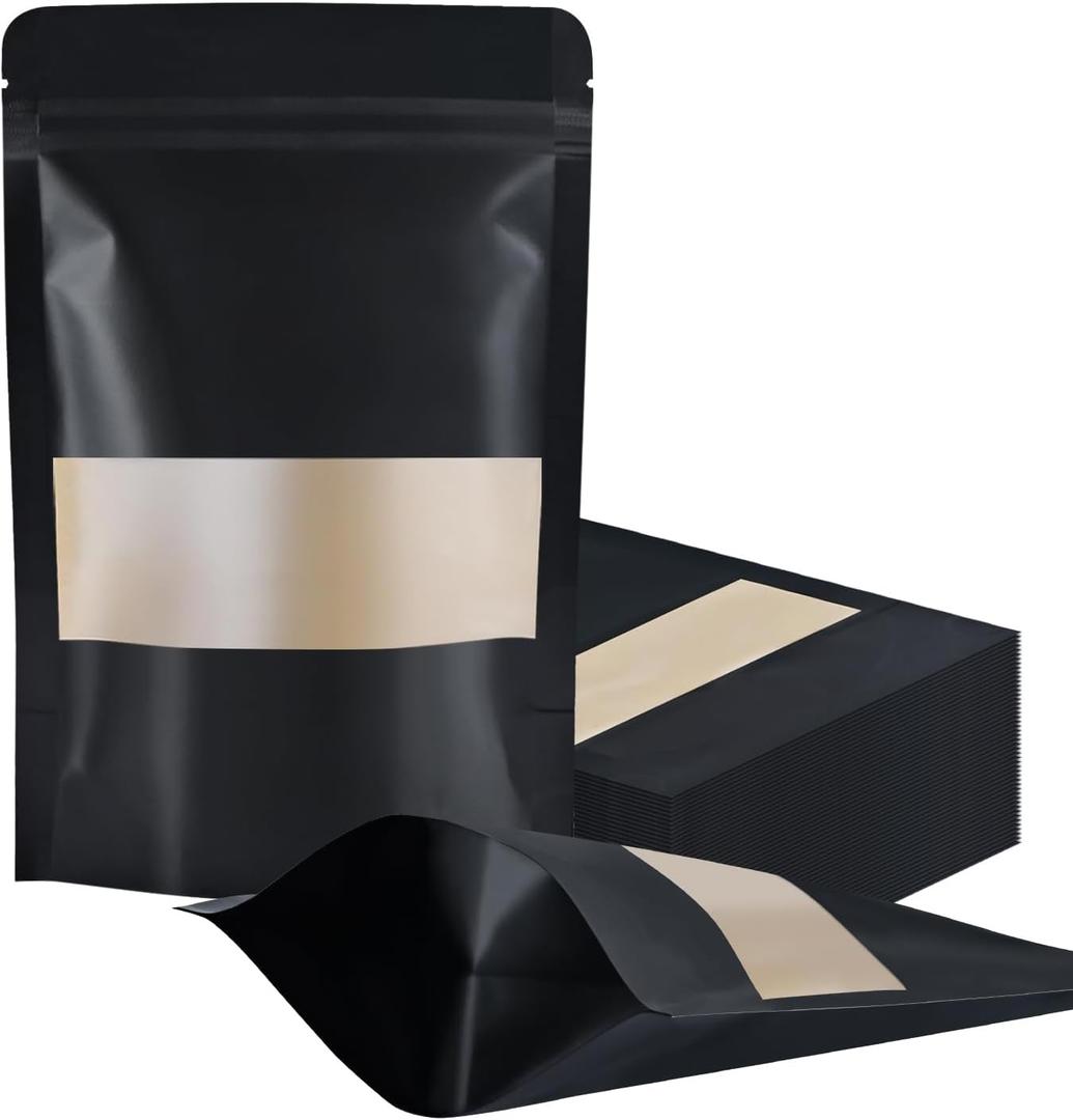 FireKylin 100 Pcs Resealable Bags, 4.7" x 7.9" Stand Up Black Paper Bags with Matte Window, Zipper Food Storage Bags for Packaging Products, Reusable, Sealable