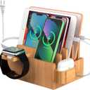 Pezin & Hulin Bamboo Charging Station for Multiple Devices with 5 Port USB Charger, 5 Cables, Watch&Earbuds Stand, Electronic Device Desktop Organizer for Cellphone, Tablet, Watch, Earbuds