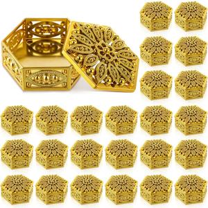 Yexiya 24 Pcs Indian Return Gifts for Pooja Bulk Hollow out Hexagon Candy Boxes Decorative Candy Containers Golden Hexagon Box Storage Gift Boxes for Wedding Christmas Birthday Party Decorating