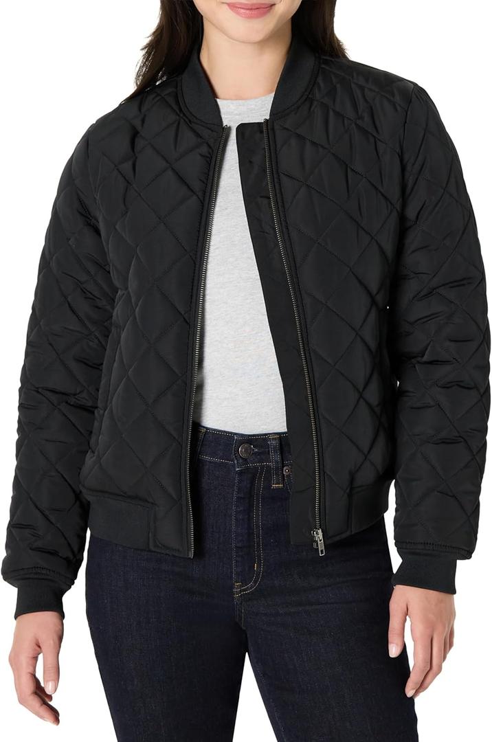 Amazon Essentials Women's Regular-Fit Quilted Bomber Jacket (Large, Black)