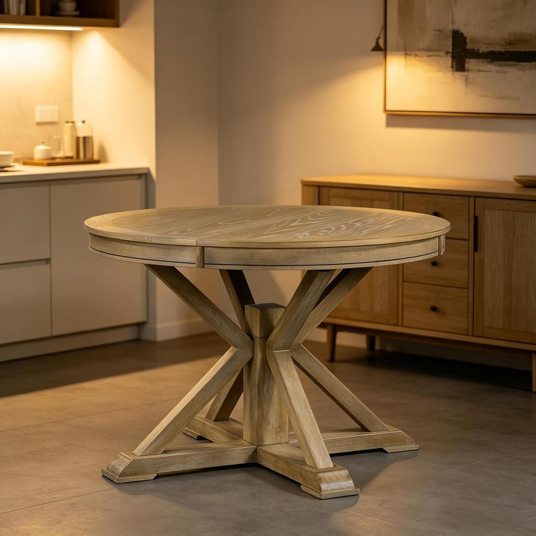 ERYE Retro Style Round Dining Table Functional Wooden Extendable Oval Dining Table with 12" Leaf and Natural Wood Grain Variation Tabletop (Natural Wood Wash 42.5")