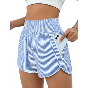 BMJL Women's Athletic Shorts High Waisted Running Short Pocket 2.5" Sporty Shorts Gym Elastic Workout Shorts(S, Blue Striped)