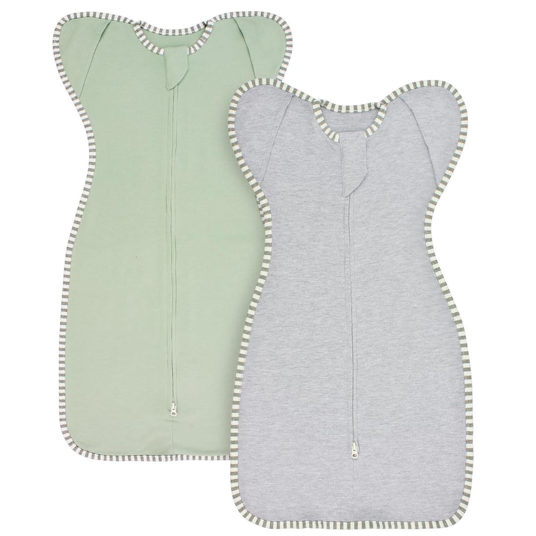 Transition Swaddle Newborn Sleep Sack 0-3 Months Arms Up Swaddle Arms in/Out 2-Way Zipper 100% Cotton, 0.8 Tog Baby Transitional Swaddle Sack for Boy Girl, 2-Pack (Small 5-14lbs) (Green & Grey)