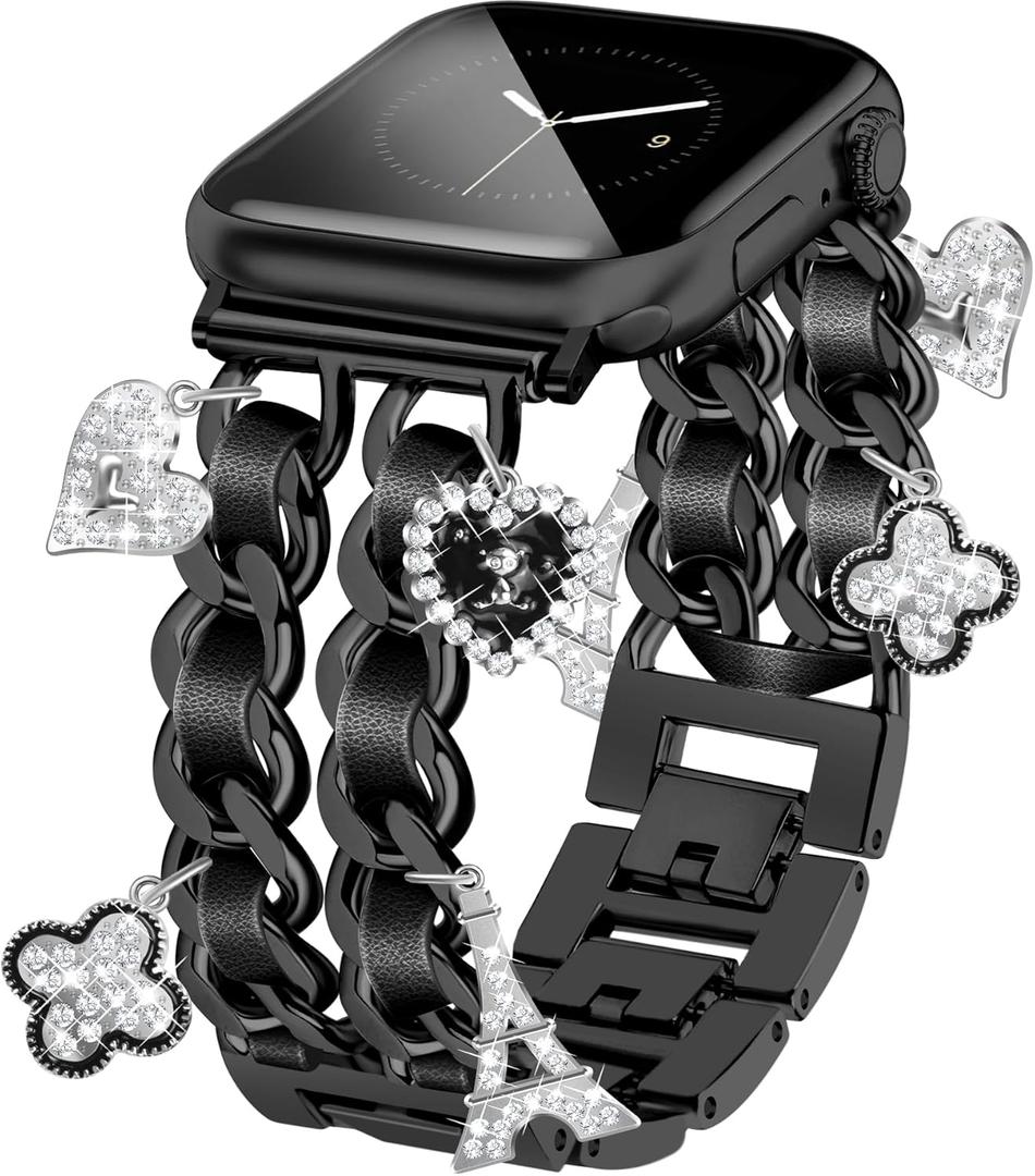 Black Watch Bands for Women Compatible with Apple Watch Band 46mm 42mm(S3/2/1) 44mm 45mm 49mm Adjustable Unique Charms Metal Strap Cowboy Chain Bracelet iWatch Series 11/10/9/8/7/6/5/4/3/2/1/SE/Ultra