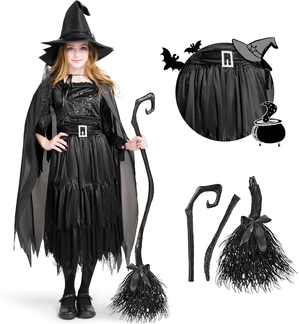 Spooktacular Creations Classic Kids Witch Costume, Toddler Gothic Sorceress Black Witch Dress with Broom and Hat for Girls Halloween Themed Parties, 3T