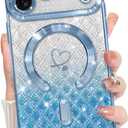 Bonoma Compatible with iPhone 17 Pro Case 2025 Support for MagSafe, Plating Heart Glitter Magnetic Checkered Case TPU Camera Protection Back Cover for Girls Women -Blue