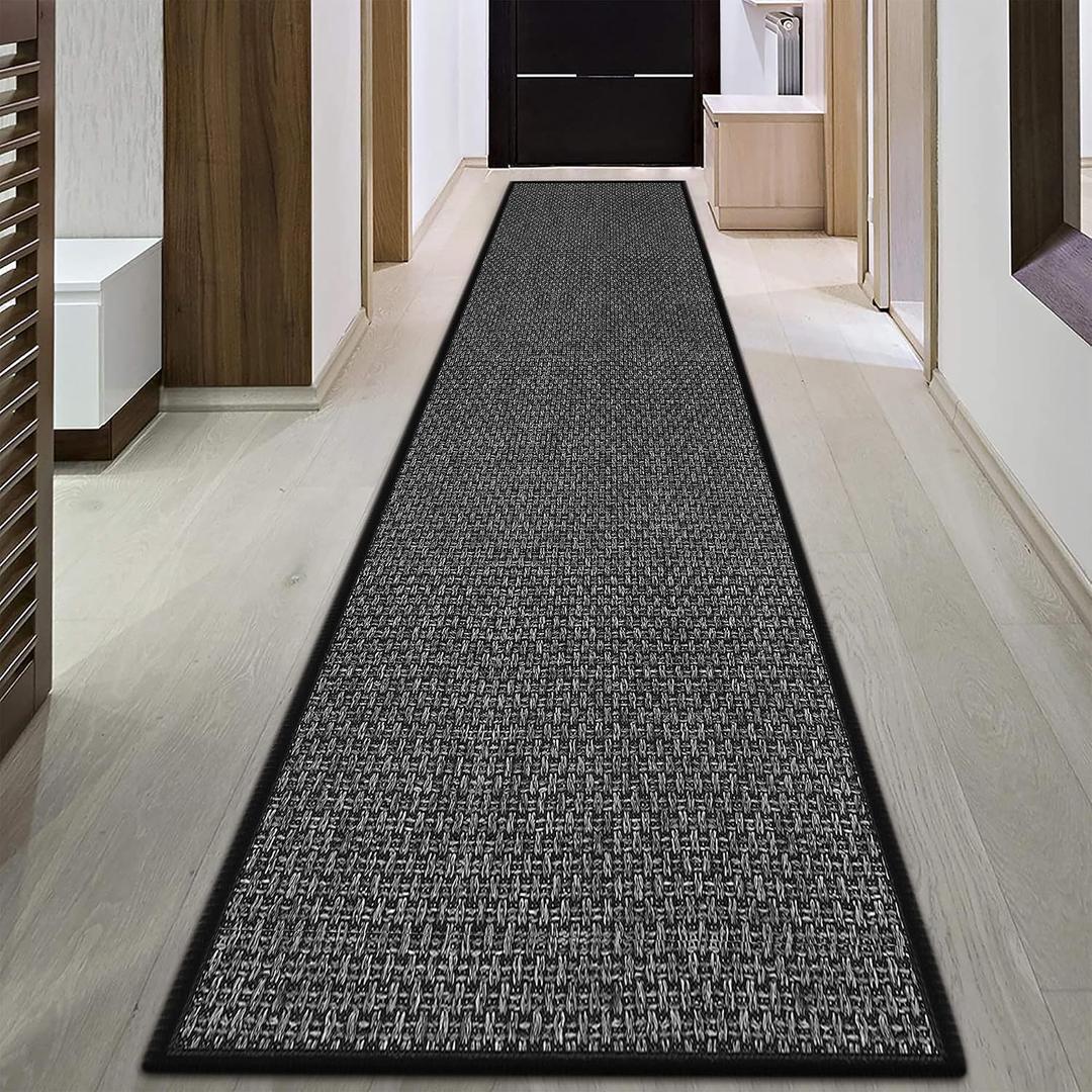 GOYLSER 15ft Jute Hallway Runner Rug Non Slip Washable, Rubber Backed Absorbent Laundry Rugs Laundry Room Runner, Black Long Entry Runner
