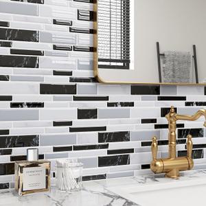 Kitchen Tiles Peel and Stick Backsplash 12"x12" Removable Black and White Stick on Backsplash for Kitchen Waterproof Grey Marble 3d Wall Tiles for Bathroom Fireplace Heat-Resistant 3-Sheet