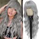 Gray Wig with Bangs for Women Long Grey Wavy Wigs 26 Inch Gray Wigs Natural Looking Heat Resistant Synthetic Wig for Daily Party Use