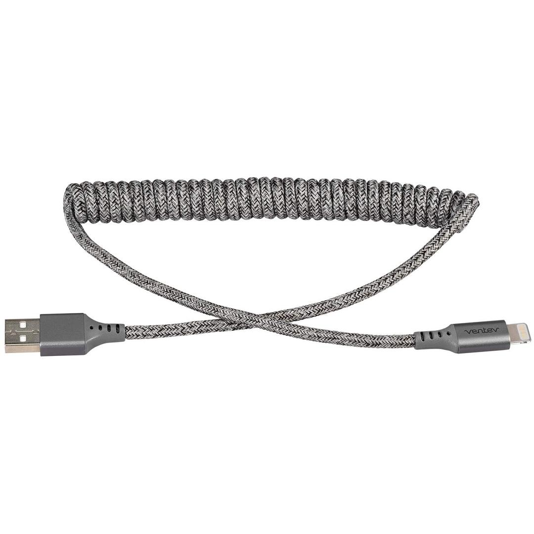 Ventev Helix 14 in Expandable iPhone Cable | Fast Charging USB-A to Lightning Cable | Coiled MFi Certified iPhone Charger Cord | No Tangle Cord, Conveniently Crafted for The Car iPhone, Gray (3ft)