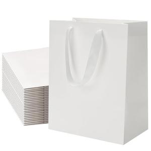FISHLONO White Gift Bags With Handles, 8x5x10 Inches Medium Gift Bags Bulk, White Kraft Paper Bags for Wedding Shopping Party Birthday Business Baby Shower (30)