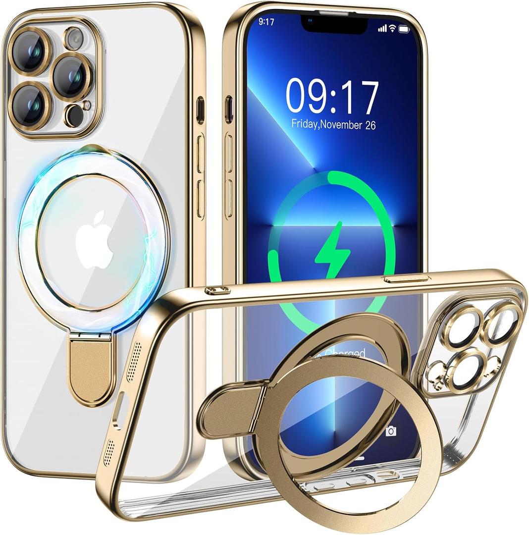 Magnetic for iPhone 13 Pro Case with Invisible Stand[Compatible with MagSafe][Full Camera Lens Protector][Military Drop Protection]Shockproof Not Yellowing Clear Slim Soft for Women Men, Gold