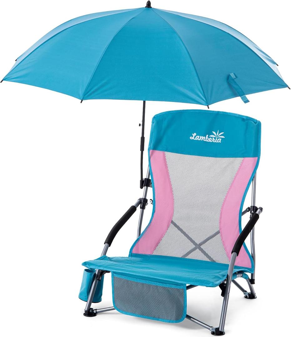 Lamberia Folding Beach Chair with Umbrella for Adults, Portable Low Beach Chairs with 300lbs Capacity, Lightweight Fodable Camping Chair for Travel, Picnic, Concert & Outdoor Activities, Blue-Pink