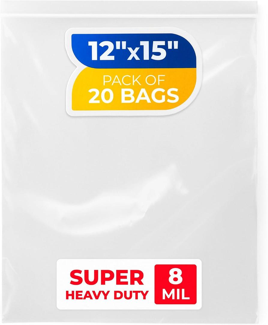Large 12" x 15" Reclosable Poly Zip Seal Lock Bag 8 Mil Thickness, 20 Clear Resealable Bags with Extra Durability, Waterproof Heavy Duty Bags