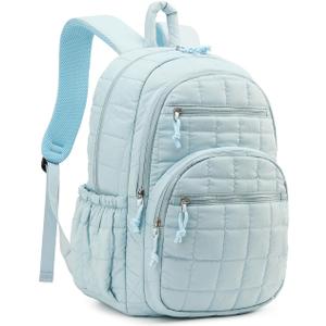 Bookbag for Women, Teen Girls Backpack for High School College Student, Puffer Quilted Back Pack Cute Laptop Backpack for Work Travel Mom Casual Daypack, Blue (15.6in)