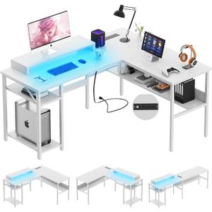 Unikito Reversible L Shaped Computer Desk with Power Outlets and Monitor Stand, Sturdy Corner Desk with RGB LED Light and Storage Shelves, Modern Work Desk for Home Office, Easy to Assemble, White