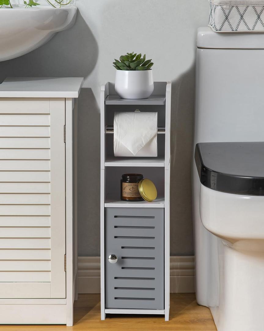 AOJEZOR Toilet Paper Holder Stand: Small Bathroom Storage Cabinet Mini - Light Grey - White (23.2H inch)