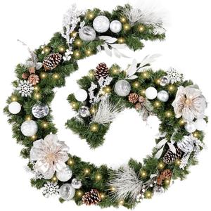 WBHome Pre-lit 9 Feet/108 Inch Christmas Garland, White & Silver Lighted Garland with 50 LED Lights for Indoor Outdoor Xmas Decor Holiday Decorations, Battery Operated (Batteries NOT Included)