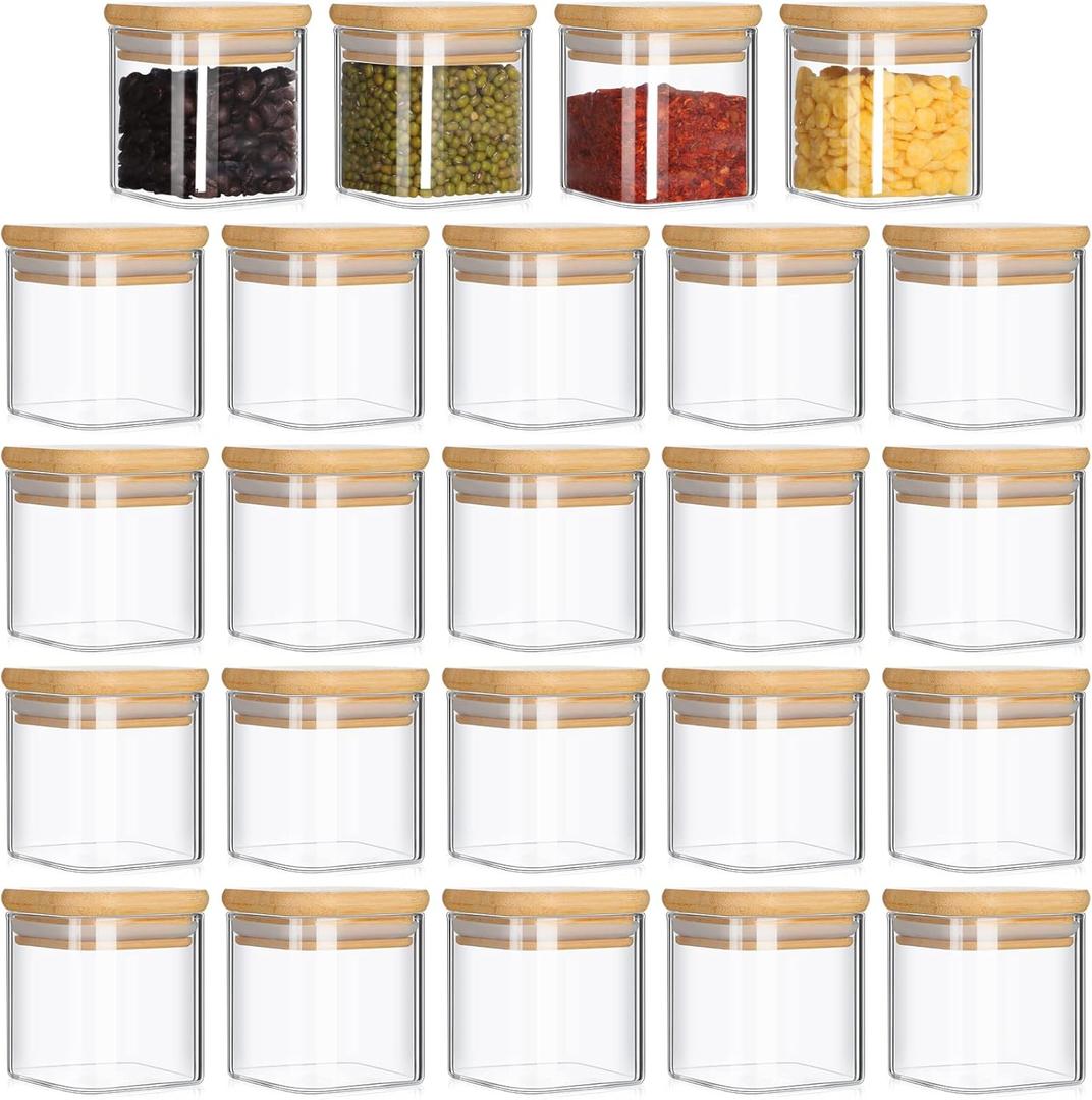 Nuenen Set of 24 Airtight Square Spice Containers 4 oz Glass Spice Jars with Bamboo Lid Small Seasoning Jars Empty Food Storage Containers for Pantry Clear Food Canisters for Kitchen Sugar Coffee
