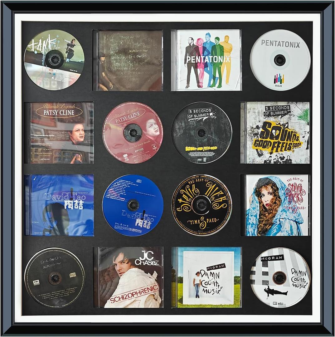 CD Case, DVD Display Rack, CD/DVD Case Display Frame, Signed Album Display Frame, Disc Collection Display, Multimedia wall Art, Can be stored on 8 Discs and 8 Covers.24.8X 24.8X 1.77,Black,1 Pack