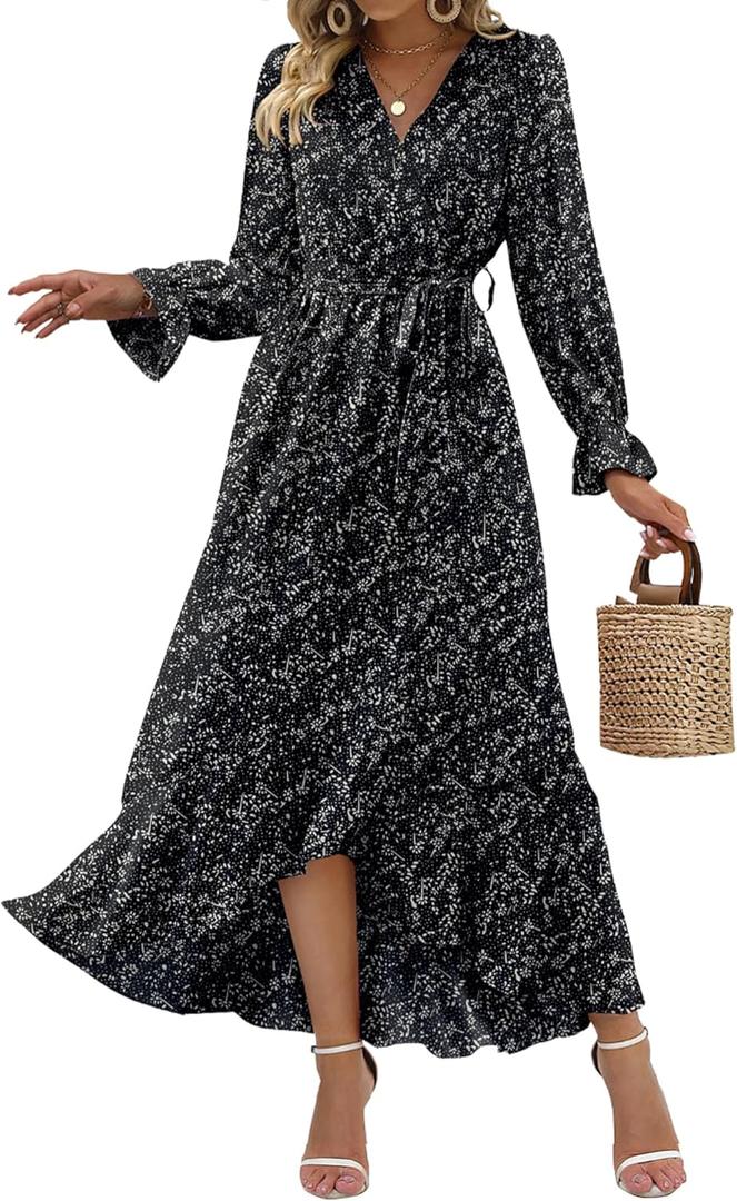 BTFBM Womens Dresses Fall Clothes 2025 V Neck Floral High Waist Ruffle Wedding Guest Cocktail Boho Long Sleeve Dress (X-Large)