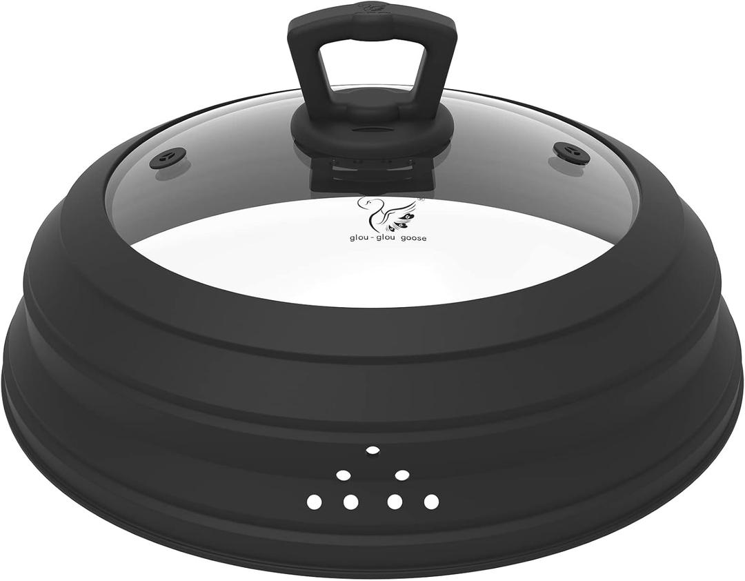 Microwave Splatter Guard - Vented Glass Cover With Collapsible Silicone for Food as Pot Lid 11.8 inch Large Plate Cover for 6-11 inch Plate Bowl (Black)