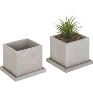 MyGift 5-Inch Square Light Gray Cement Plant Pot with Drainage, Small Flower Succulent Planters with Removable Saucer Trays, Set of 2