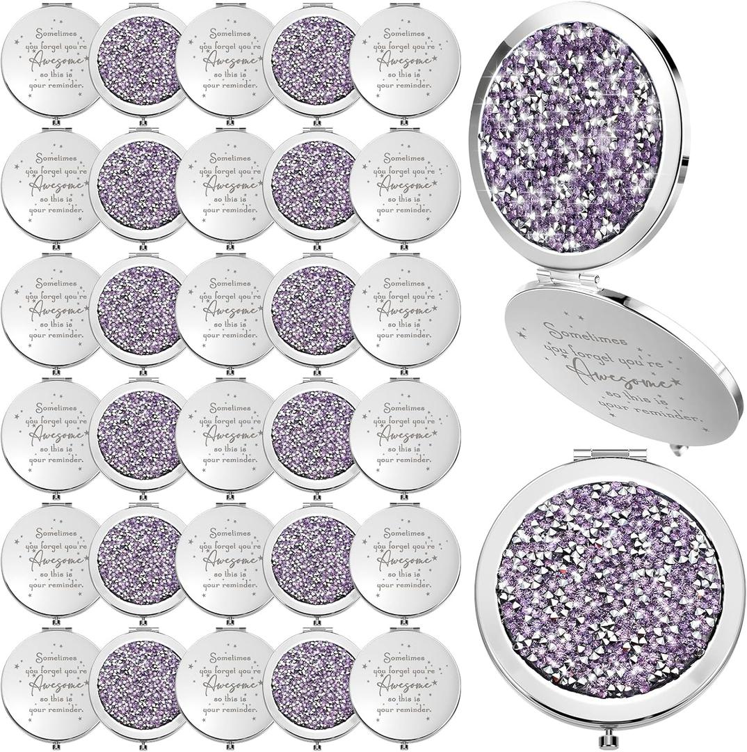 Roowest 30 Pcs Inspirational Compact Mirror Bulk You're Awesome Reminder Appreciation Gifts for Women Employee Coworker Friends Sisterhood Mothers Day Party Favors Pocket Mirrors (Purple)