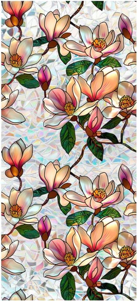 Retro Magnolia Flowers Window Privacy Film,Stained Glass Decals Colorful Floral Privacy Rainbow Decals Living Room Sun Blocking Decor Removable Static Cling Stickers,16.93x39.37inch