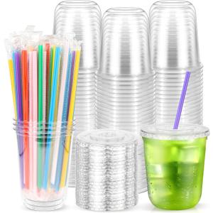50PCS 12 oz Clear Plastic Cups with Lids and Colorful Straws, Round Bottom Disposable To Go Iced Coffee Smoothie Juice Boba Cups, PET Party Cups for Holiday, Birthdays, Picnics, Takeut, Office (EXP 11/28/35)