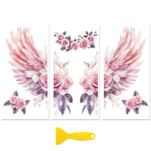 Peacoblue Rub on Transfer Decal Sticker for Furniture Craft Decor 6"x12" Pink Roses and Angel Wings, 3Pcs Waterproof UV DTF Transfer for Drawer Dresser Glass Porcelain Wood Plastic Window 