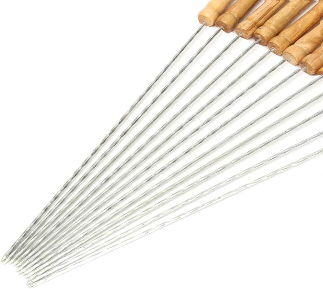 HAKSEN 12 PCS Skewers for Grilling, Kabob Skewers with Wood Handle, Reusable BBQ Barbecue Sticks for Marshmallow, Hot Dog, Meat, Vegetable, Camping Cookware Grill Cooking, 11.7" (Including Handle)