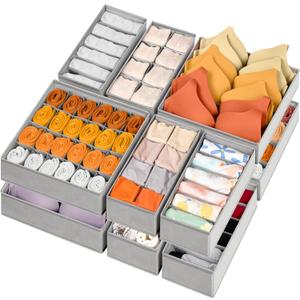 Criusia 12 Pack Sock Underwear Drawer Organizer Dividers, 116 Cells Fabric Foldable Dresser Closet Organizers and Storage Bins for Baby Clothing, Women Men Underwear Socks, Bra, Ties, Scarf (Grey)