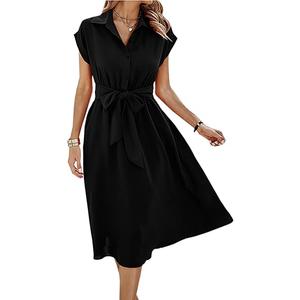 ECOWISH Womens Casual Midi Dresses Solid V Neck Short Sleeve Button Shirt Belted Dress with Pockets for Spring Summer 2025, Small