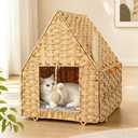 Handwoven Rattan Cat Bed for Indoor Kitten, Cat Cave Bed with Sisal Ball, Cushion & Cat Scratch Post, Foldable Hideaway Cat Hut in Bedroom Living Room, Natural